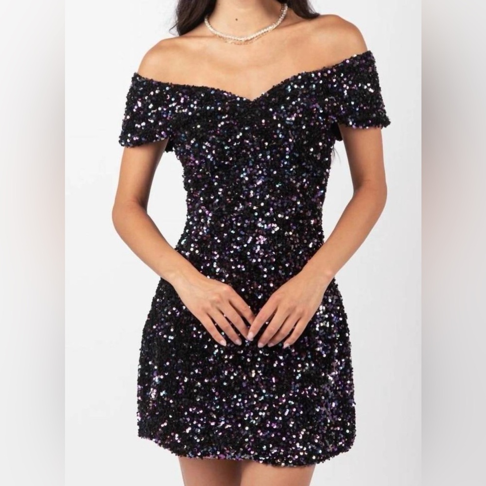 LOVERICHE Off Shoulder Dark Purple Black Multicolor Sequin Mini Bodycon Dress S